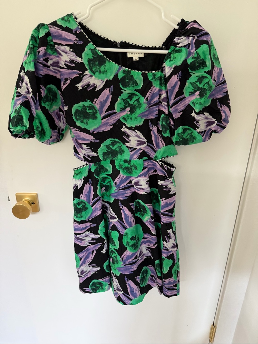 Adelyn Rae Black Mini Dress with Green & Purple Floral Print